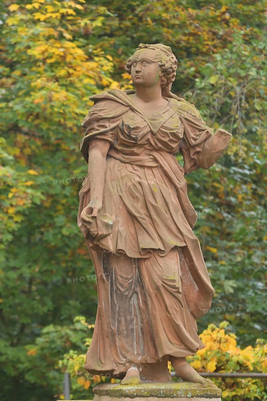 Sculpture by the baroque sculptor Johann Friedrich Joseph Sommer on virtue : justice, female figure allegory, symbol, virtues, baroque, Firmaneiplatz, Marburg, Hesse, Germany, Europe