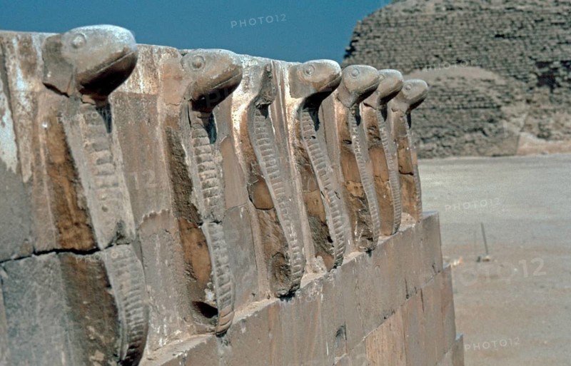 Cobra frieze of the Chapel of the South Tomb, Step Pyramid of Djoser, Sakkara, al-Jiza Governorate, Egypt, September 1989, vintage, retro, old, historical, Africa