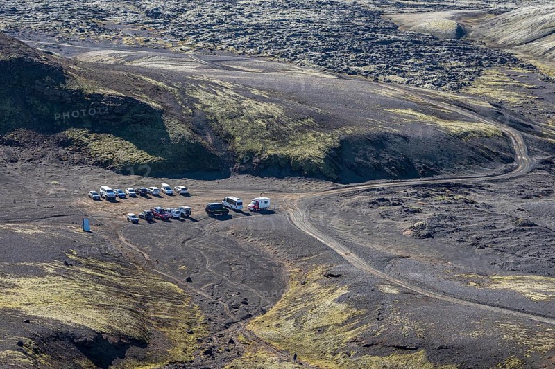 Parking lot at mt. Laki, Laki crater or Lakagígar, series of craters, interior highlands of Iceland, Suðurland, Iceland, Europe