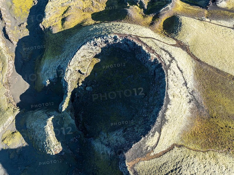 Moss-covered Laki crater or Lakagígar, series of craters, aerial view, interior highlands of Iceland, Suðurland, Iceland, Europe