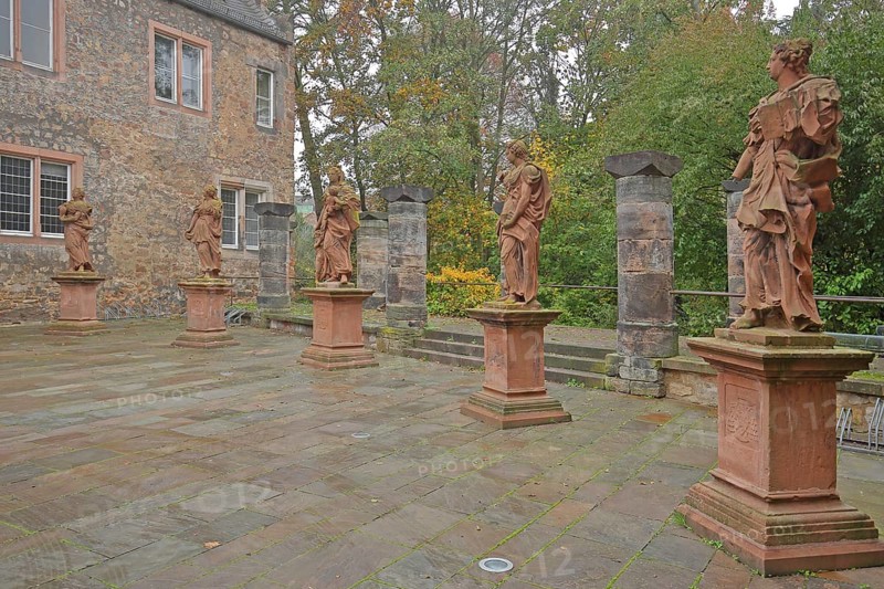 Sculptures by baroque sculptor Johann Friedrich Joseph Sommer on the five virtues, from left to right - hope, justice, love, temperance, faith, allegory, symbol, Firmaneiplatz, Marburg, Hesse, Germany, Europe
