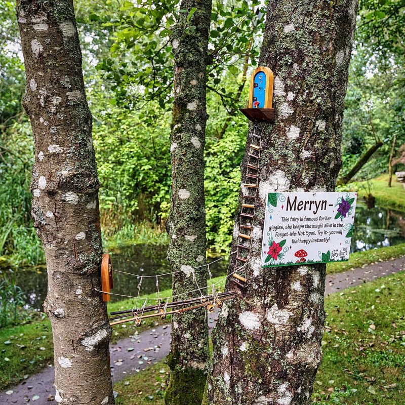 Fairy house, house of a fairy, fairy garden with suspension bridge and ladder in a tree, Irish National Stud and Gardens, The Irish National Stud & Gardens, Tully, Kildare, Ireland, Europe