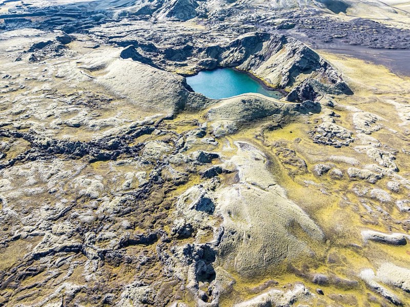 Moss-covered Laki crater or Lakagígar, series of craters, aerial view, interior highlands of Iceland, Suðurland, Iceland, Europe