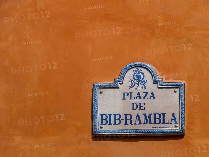 White and blue street sign, Plaza de Bib-Rambla with arabesque decorations, Granada, Andalusia, Spain, Europe
