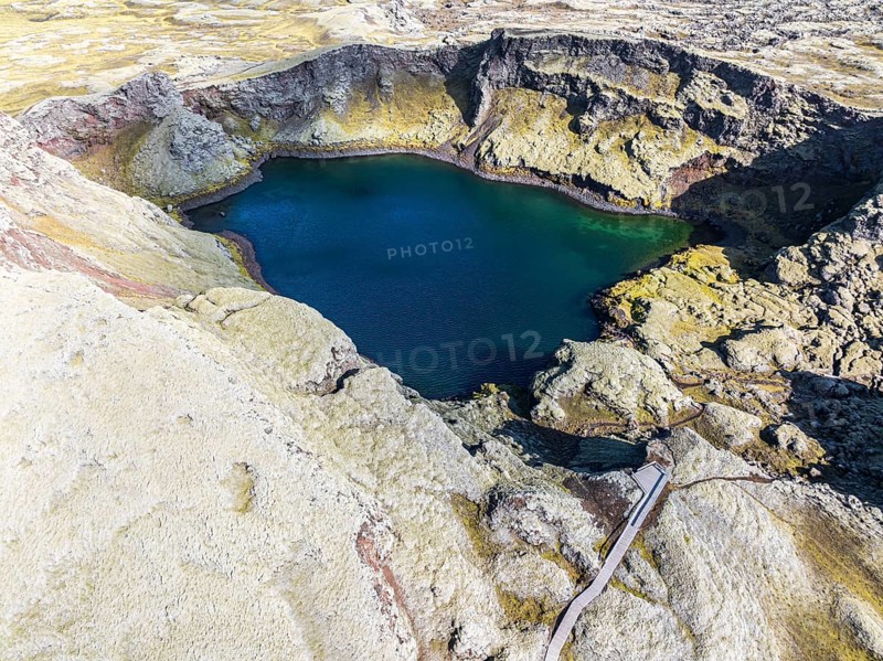 Lake in Tjarnargigur crater, moss-covered Laki crater or Lakagígar, series of craters, aerial view, interior highlands of Iceland, Suðurland, Iceland, Europe