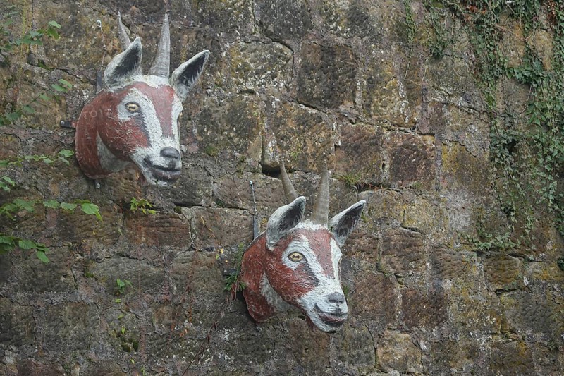 Sculptures by Pasquale Ippolito on the Brothers Grimm fairy tale The Wolf and the Seven Little Goats, two goat heads, goat head, animal head, animal heads, goat figure, Grimm-Dich-Pfad, Marburg, Hesse, Germany, Europe