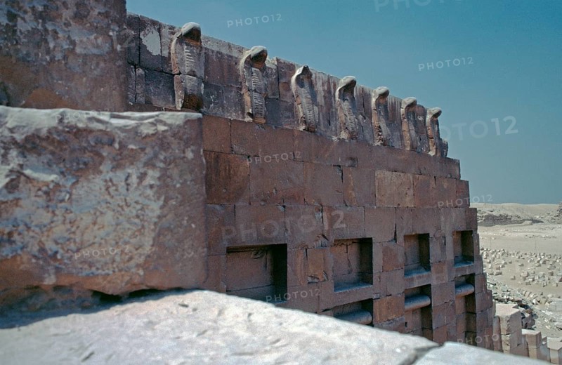 Cobra frieze of the Chapel of the South Tomb, Step Pyramid of Djoser, Sakkara, al-Jiza Governorate, Egypt, September 1989, vintage, retro, old, historical, Africa