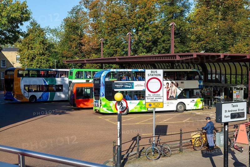 Double-decker busses in city centre bus station, Cambridge, Cambridgeshire, England, UK