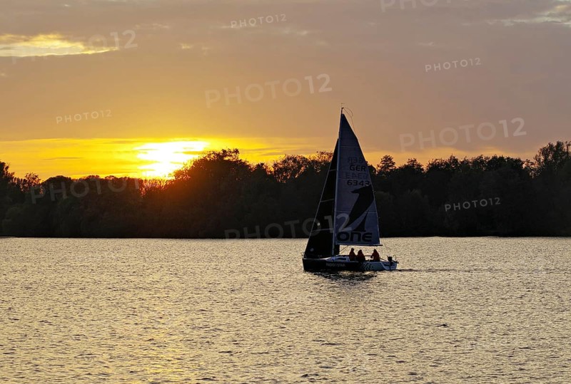 Sailing boat on a lake at romantic sunset, Müritz, Müritz National Park, Mecklenburg-Vorpommern, Germany, Europe