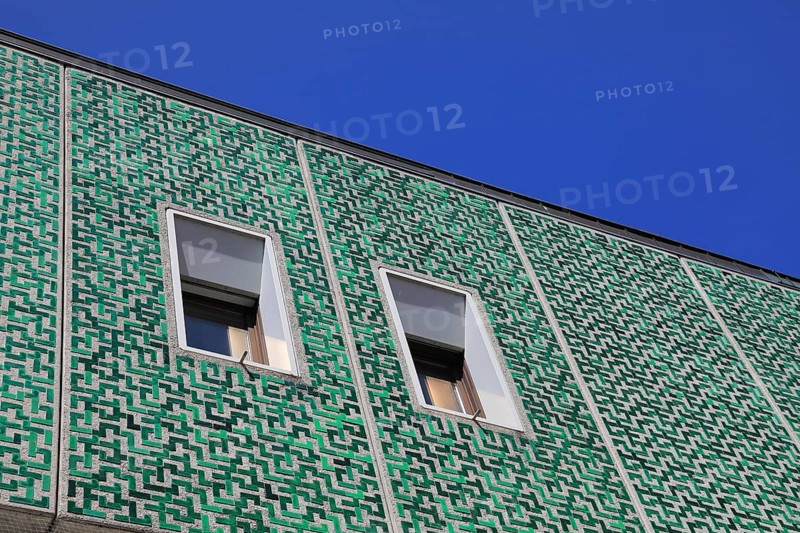 Head office of Sparkasse Fürstenfeldbruck, Upper Bavaria, Bavaria, Germany, Modern building with green pattern on the façade and two windows against a blue sky, Europe