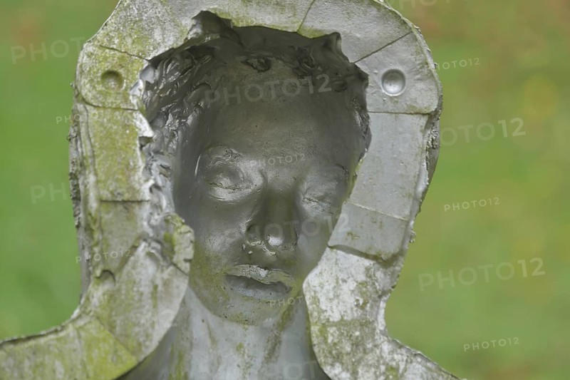 Sculpture Aus der Stille by Ubbo Enninga 2006, head, 3D effect, spatial, three-dimensional, concave, curved, arched, hollow, form, detail, frame, shell, symbol, calm, Stadtpark, Biedenkopf, Hesse, Germany, Europe