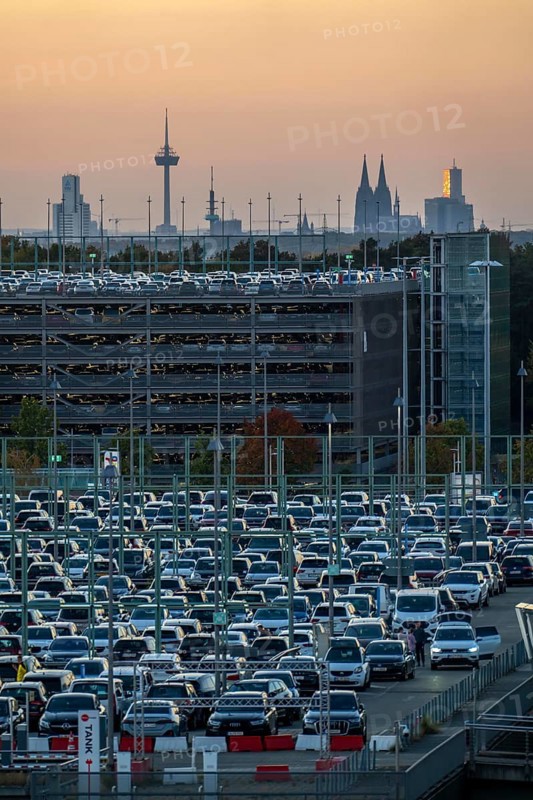 Full car park P2, at Cologne-Bonn Airport, behind car park P3 and the Cologne skyline, North Rhine-Westphalia, Germany, Europe