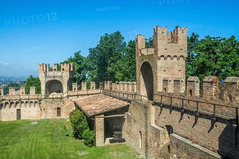 Partial view of the wall on the medieval Gradara Castle, Marche, Italy, Europe