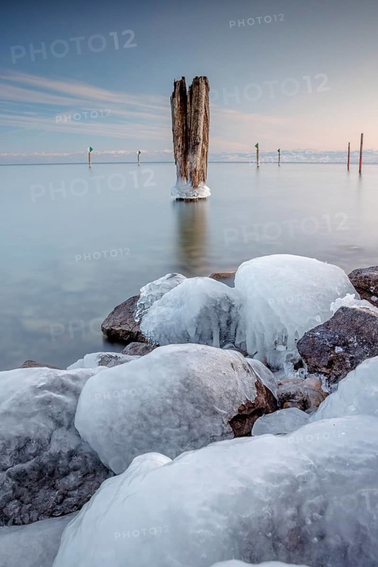 Frozen rocks and wooden posts in a calm lake under a clear blue sky, harbour, Immenstaad, Lake Constance, Baden-Württemberg, Germany, Europe