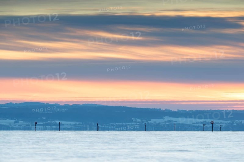 A calm sunset with a pastel-coloured sky over a vast landscape, harbour, Immenstaad, Lake Constance, Baden-Württemberg, Germany, Europe