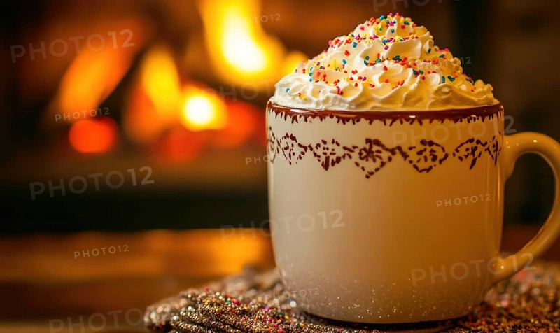 A mug of hot chocolate with whipped cream and sprinkles on top. The mug is sitting on a table next to a fireplace. The scene conveys a cozy and warm atmosphere AI generated