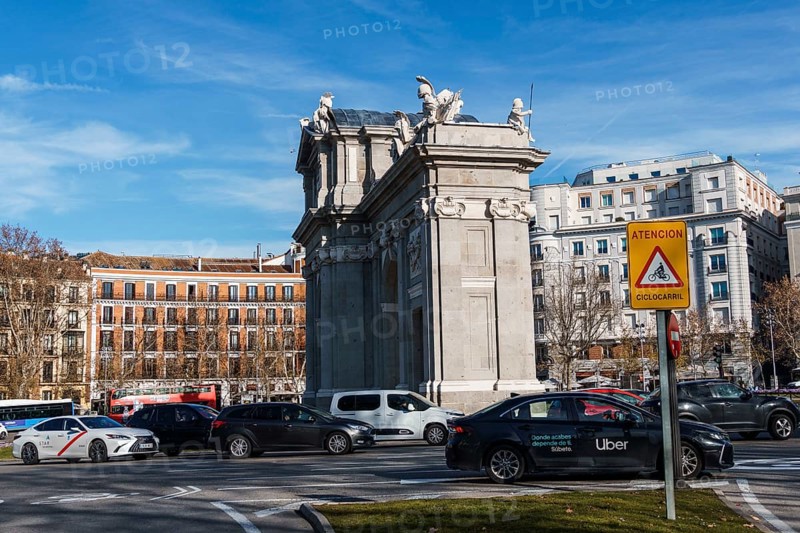 Madrid, Spain, January 28, 2024: The Puerta de Alcala Neo-classical gate in the Plaza de la Independencia. Newly restored iconic monument, Europe