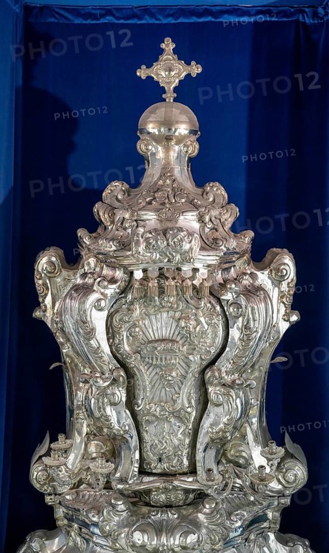 Mdina, Malta, 22 December, 2023: view of the solid silver Monstrance Throne in Mdina Cathedral Museum of Malta, Europe