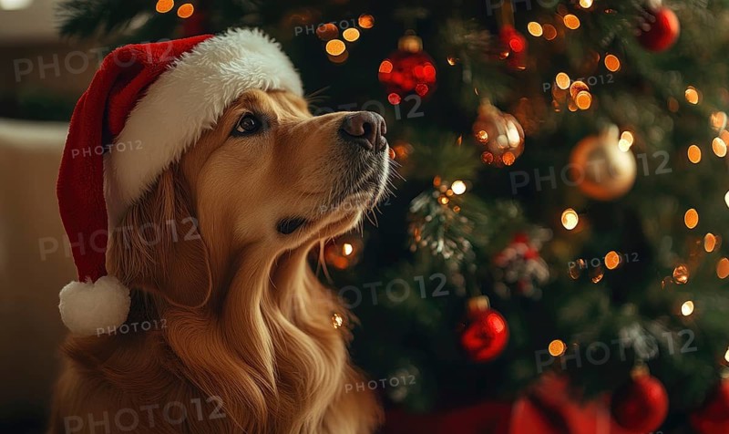 A dog wearing a Santa hat is looking at a Christmas tree. The dog is wearing a red hat and is standing in front of a tree with many ornaments AI generated