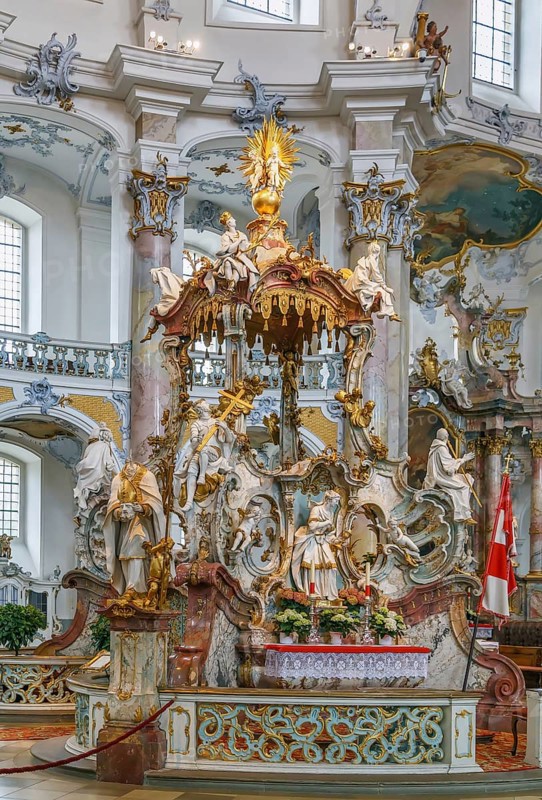 The Basilica of the Fourteen Holy Helpers, Germany. The late Baroque-Rococo basilica, designed by Balthasar Neumann, was constructed between 1743 and 1772. Interior, mercy altar