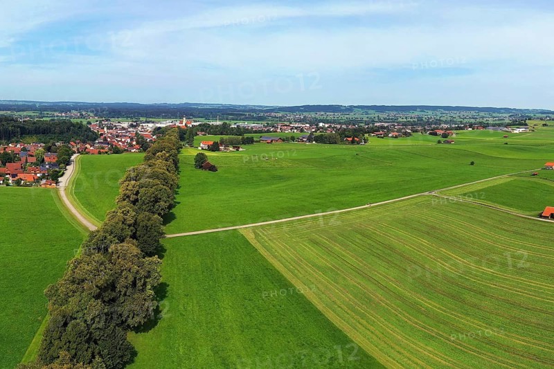 Aerial view of Lindenallee in Marktoberdorf with a view of the historic castle. Marktoberdorf, Ostallgäu, Swabia, Bavaria, Germany, Europe