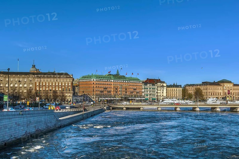 View of embankment in central Stockholm with Grand hotel, Sweden, Europe