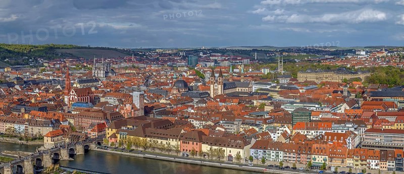 Panoramic view of historical center of Wurzburg from Marienberg Fortress, Germany, Europe