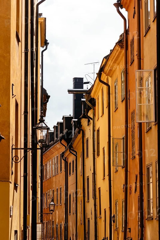 Low angle view of old buildings in Gamla Stan, the Old Medieval Town of Stockholm