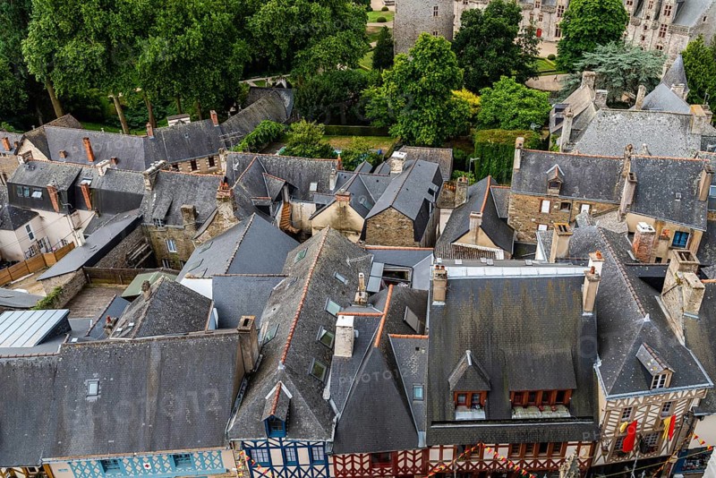 Slate roofs in medieval town. Josseline, Morbihan department, Brittany, France, Europe