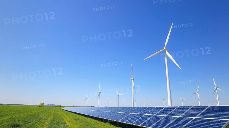 A vast landscape with wind turbines turning against a clear blue sky. In the foreground, solar panels stretch across a green field, utilising renewable energy. The scene emphasises the harmony between technology and nature and focuses on sustainability, clean energy and environmental responsibility, AI generated, AI generated