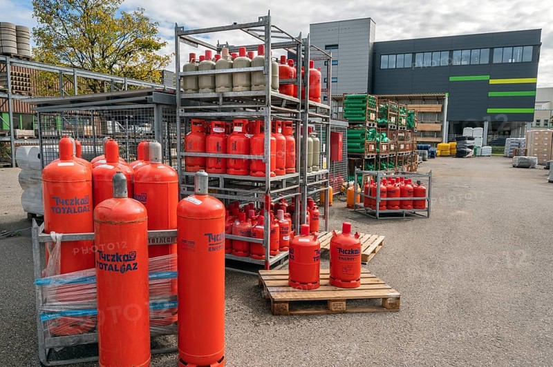 Red gas cylinders from Tyczka Energy, Allgäu, Bavaria, Germany, Europe