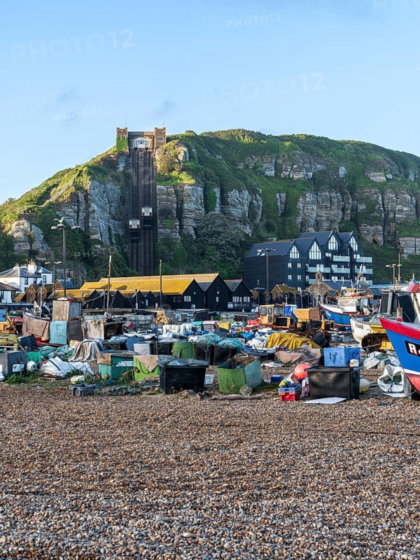 Hastings, East Sussex, England, UK, May 11, 2022: The pebble beach and East Hill Cliff Railway