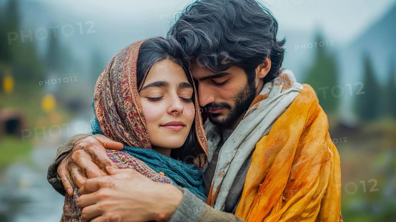 A couple in warm shawls embracing in an outdoor setting, expressing love and comfort, AI generated