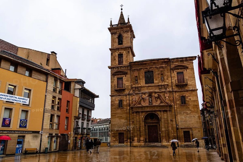 Oviedo, Spain, March 27, 2024: Cityscape of Oviedo a rainy spring day. Constitution Square, Europe