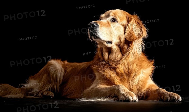 A golden retriever is laying on a black surface, looking up at the camera. The image has a calm and peaceful mood, as the dog appears to be relaxed and content AI generated