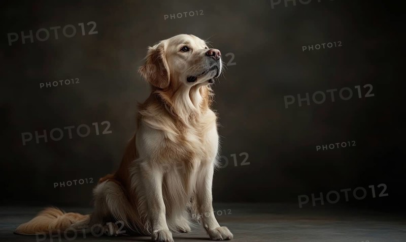 A golden retriever is sitting on the ground and looking up. The dog appears to be looking at something in the distance AI generated