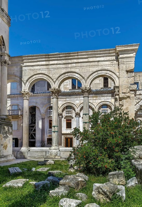 Colonnade of the peristyle (peristil) square. View from the cathedral, Split, Croatia, Europe