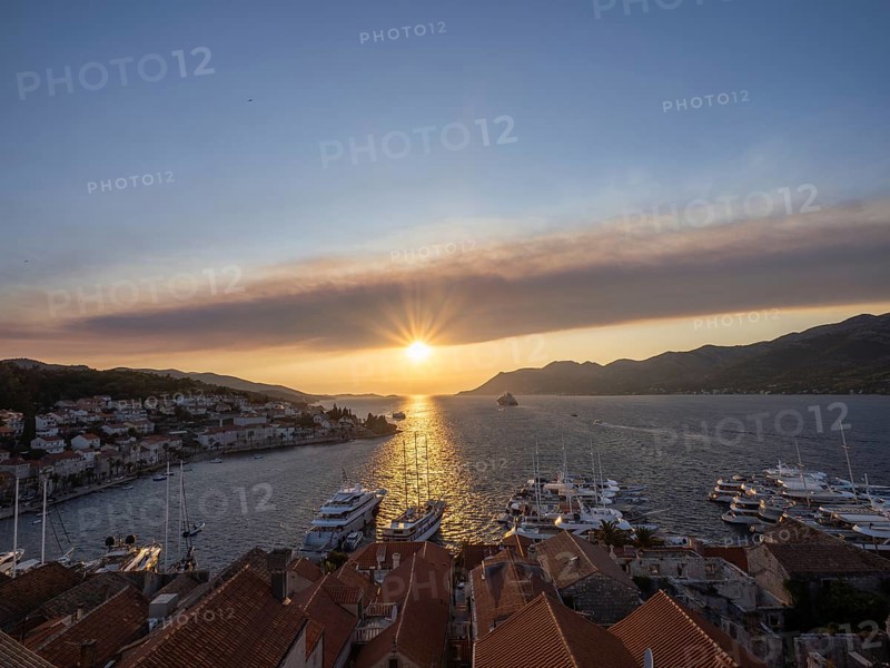 Evening atmosphere in front of sunset, view from the bell tower, Korcula harbour, Korcula island, Dalmatia, Croatia, Europe