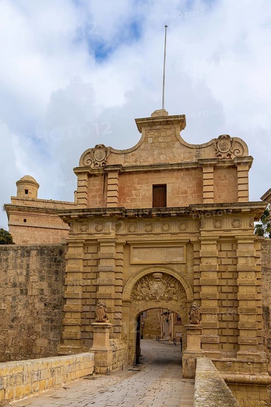 Mdina, Malta, 22 December, 2023: view of the historic Mdina Gate to enter the Old Town on Malta Island, Europe