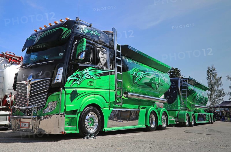 PORVOO, FINLAND, JULY 2, 2016: Super truck Mercedes-Benz Actros 2551 Highway Hero owned by Kuljetus Auvinen Oy and matching trucking shoes on Riverside Truck Meeting 2016