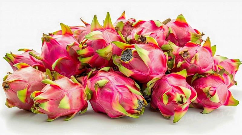 A pile of vibrant pink dragon fruits with green spikes on a white background, AI generated