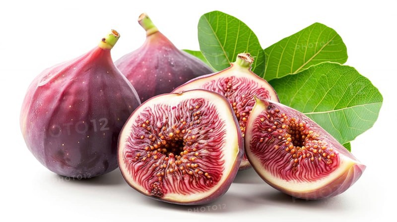 Whole and sliced figs with green leaves, displaying fresh ripe textures, AI generated