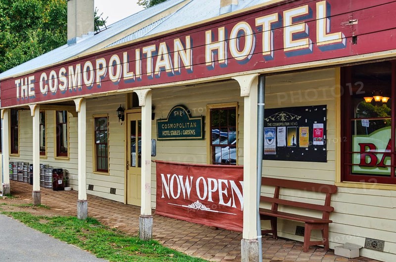 The Cosmopolitan Hotel, built circa 1866, is a good looking old style pub with sweeping weatherboard verandahs, Trentham, Victoria, Australia, Oceania