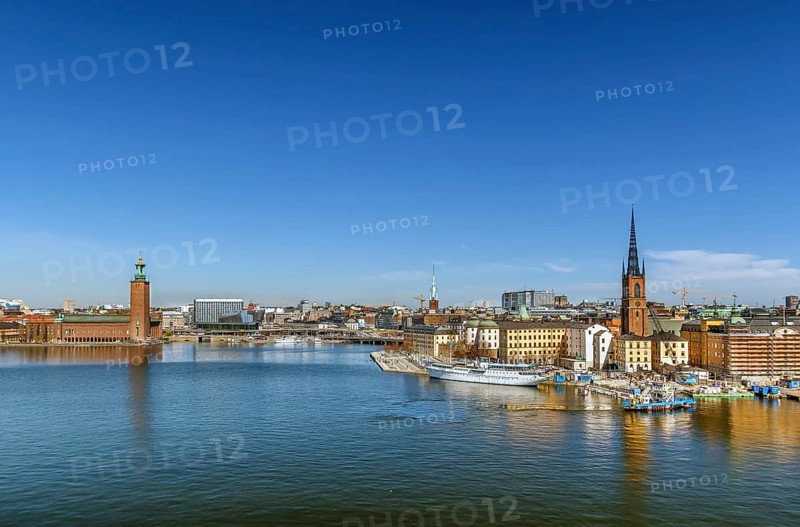 View of Riddarholmen and city hall from the Sodermalm island in Stockholm, Sweden, Europe