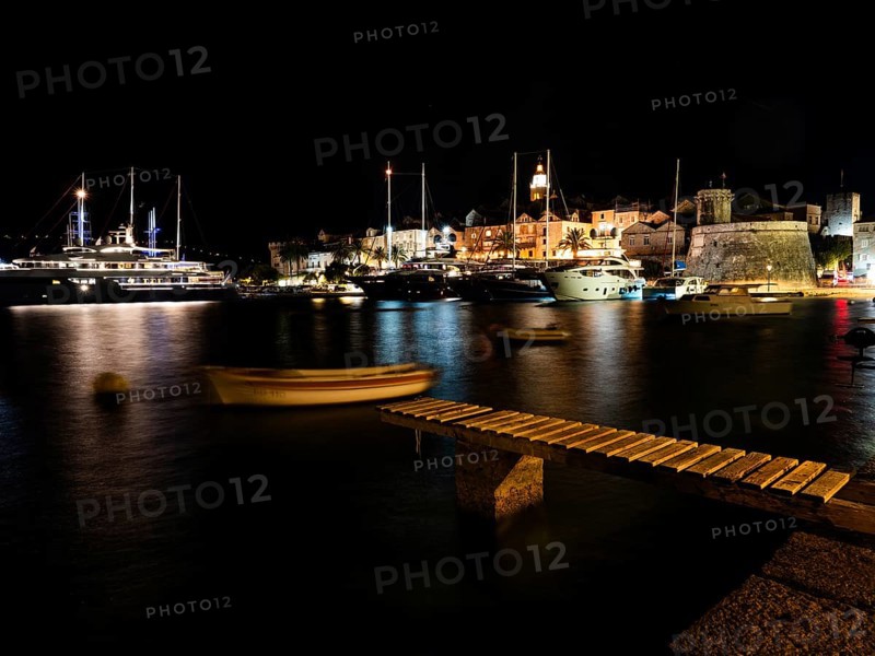 Ships in the harbour, night shot, Korcula, Korcula Island, Dalmatia, Croatia, Europe