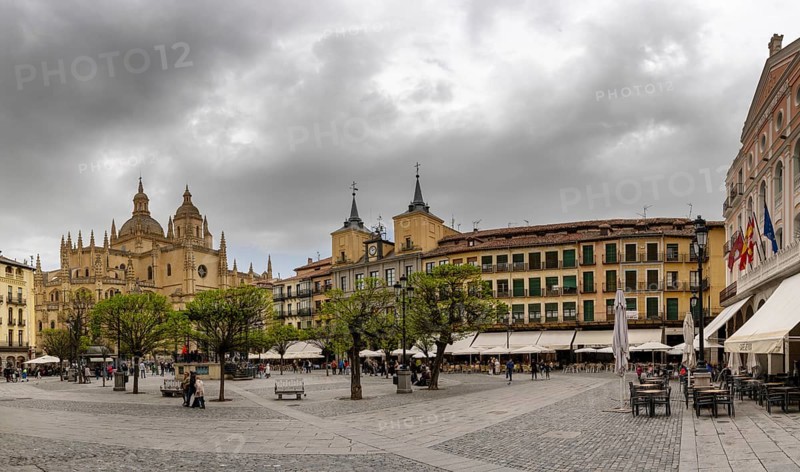 Segovia, Spain, 7 April, 2024: view of the Cathedral of Segovia and the Plaza Mayor square in the heart of downtown, Europe