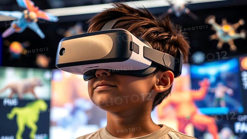 A young person immersed in a virtual reality experience wears a VR headset and is surrounded by captivating graphics. The scene emphasises the impact of technology on entertainment and education and shows the potential of immersive experiences, AI generated, AI generated