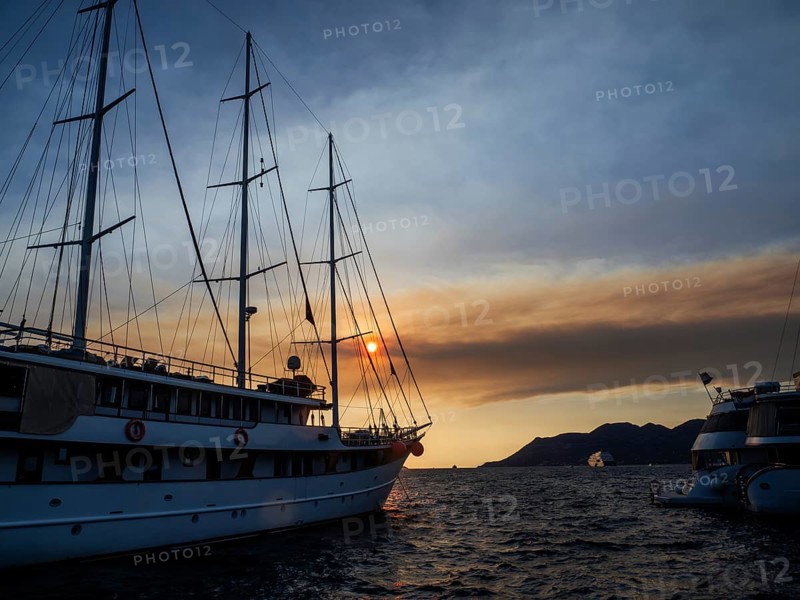 Evening atmosphere in front of sunset, sailing yacht, harbour of Korcula, island of Korcula, Dalmatia, Croatia, Europe