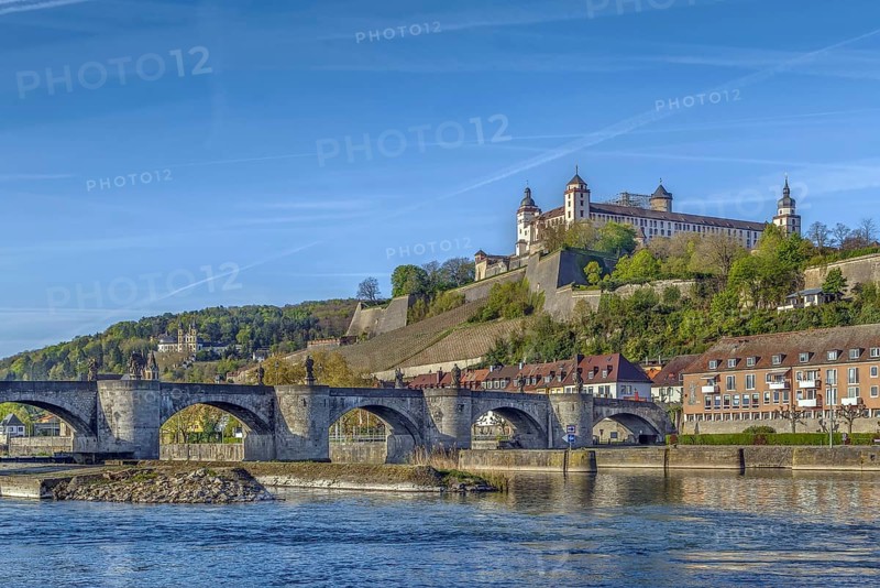 View of Marienberg Fortress with Alte Mainbrucke from main river, Wurzburg, Germany, Europe