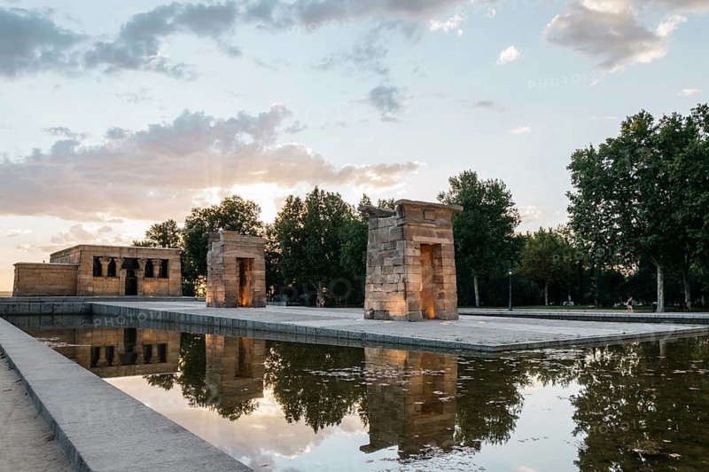 Madrid, Spain, September 27, 2014: Sunset on Temple of Debod. Temple of Debod. It is an Egyptian temple dating back to the 2nd century BC. The temple was donated to Spain by the Egyptian government, Europe